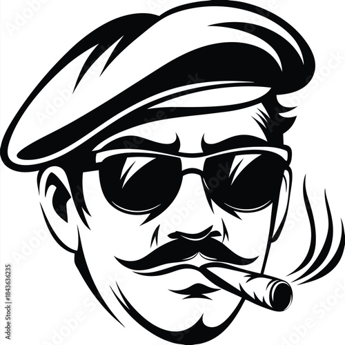 Portrait of a cool man with beret, smoking a cigar and wearing shades