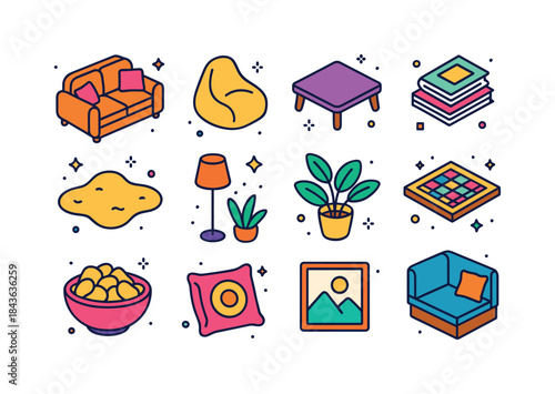 Colorful Lounge Icons. Lounge areas. Colorful isometric vector i