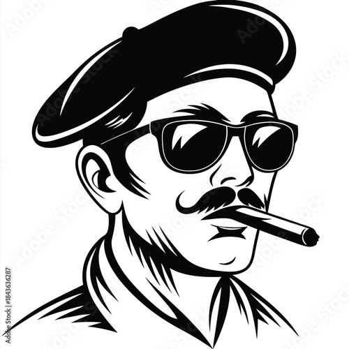 Retro man with mustache and glasses enjoys a cigar while wearing beret