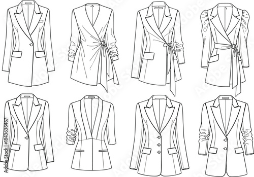 Large Vector Collection of Fashion Flat Technical Sketches for Modern Blazers, Jackets, Blouses, Crop Tops, and Puff Sleeve Designs.