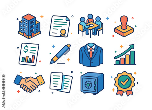 Corporate Icons Set. Corporate Agreements. Colorful isometric ve