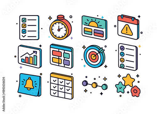 Colorful Productivity Icons. Daily productivity. Colorful isomet