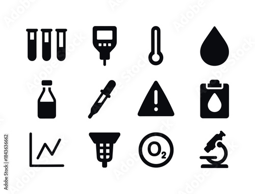 Water Testing Icons. Water Quality Testing. Solid icon set of Wa