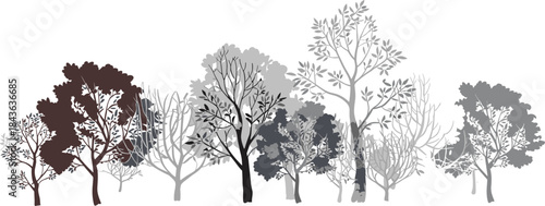 Black and White Forest Tree Silhouettes Illustration Minimalist Nature Landscape Background with Layered Woodland Canopy Design for Modern Wall Art