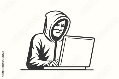 Shady hooded figure intently works on a sleek laptop, the screen reflects concentration