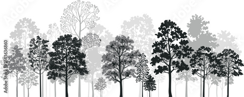 Black and White Forest Tree Silhouettes Illustration Minimalist Nature Landscape Background with Layered Woodland Canopy Design for Modern Wall Art