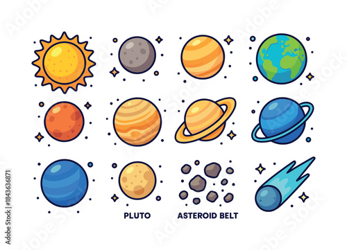Colorful Solar System Icons. Solar System. Colorful isometric ve