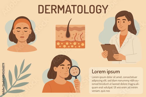 Dermatology skin care clinic and medicine patient and doctor poster template flat illustration