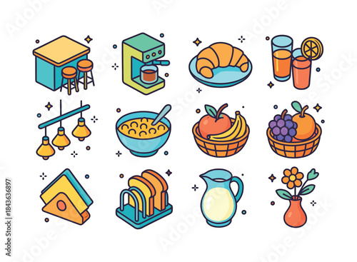 Colorful Breakfast Icons. Breakfast bar. Colorful isometric vect