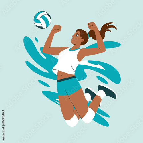 The dynamic image depicts an athletic girl leaping to spike a volleyball, capturing the essence of determination and energy in sports, emphasizing physical prowess and enjoyment.