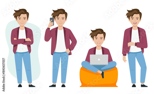 This cartoon-style illustration depicts a young male character in different relaxed poses, showcasing a playful approach to everyday activities and casual life.