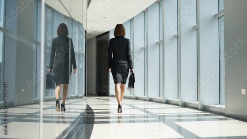 Elegant businesswoman in a modern office building corridor walking towards the future