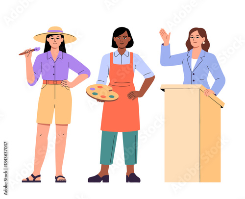An illustration showcasing diverse women in different creative roles, embodying empowerment and showcasing their unique talents in art, culinary, and public speaking.