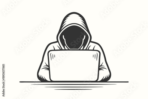 Silhouette figure with a hoodie working on a computer at the desk in vector