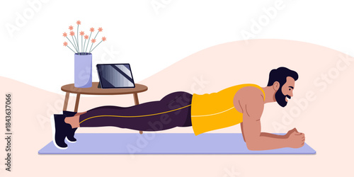 An athletic man performing a plank exercise at home, surrounded by plant decor, showcasing fitness, dedication, and the wellness trend in a comfortable environment for health enthusiasts.
