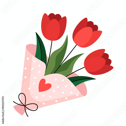 A lovely arrangement of red tulips wrapped in a pink paper with white polka dots, symbolizing love, beauty, and thoughtful gestures in gifting flowers.