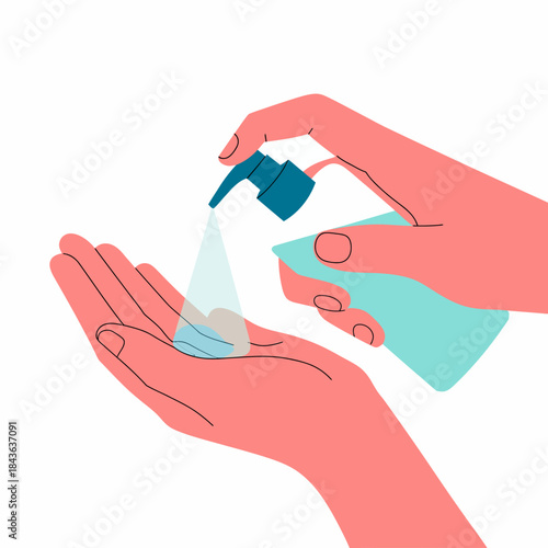 This image shows hands dispensing hand sanitizer, emphasizing the importance of personal hygiene and health practices in our daily lives and public spaces and environments.