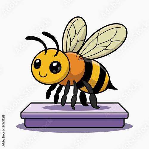 This adorable cartoon bee with big eyes and a friendly expression, resting on a honey box, captures the essence of nature, joy, and the importance of bees in our ecosystem.