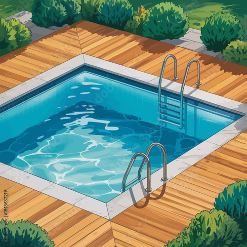 This illustration features a serene swimming pool nestled among lush greenery, showcasing an invitation for relaxation and enjoyment in a tranquil outdoor setting.