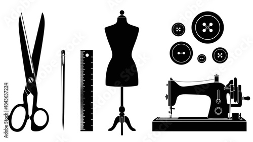 Sewing Tools Silhouette Set – Tailoring Dressmaking Equipment Vector Collection
