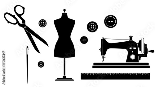 Sewing Tools Silhouette Set – Tailoring Dressmaking Equipment Vector Collection