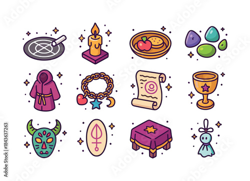 Colorful Magic Icons. Magic rituals. Colorful isometric vector i