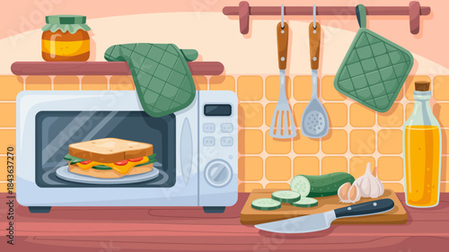 A vibrant kitchen image featuring a microwave, sandwich, fresh vegetables, and cooking utensils that highlights a warm and inviting culinary atmosphere.