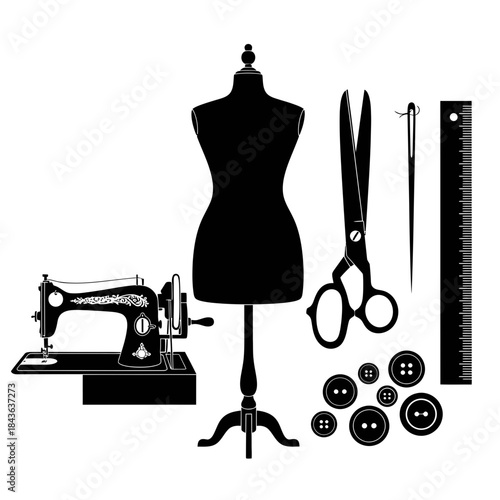 Sewing Tools Silhouette Set – Tailoring Dressmaking Equipment Vector Collection