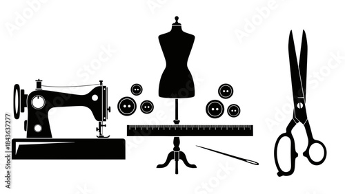 Sewing Tools Silhouette Set – Tailoring Dressmaking Equipment Vector Collection