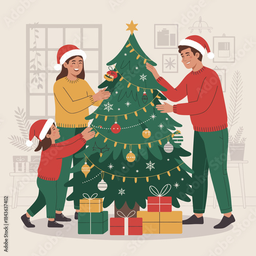 A joyful family scene with parents and child happily decorating a Christmas tree filled with ornaments and gifts, exuding warmth and festive cheer.