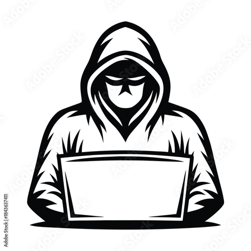Silhouette person in a hood holds a laptop in monochromatic format