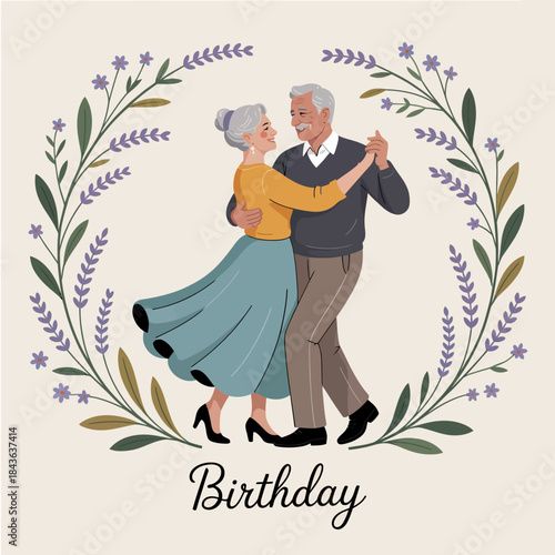 This image depicts an elderly couple joyfully dancing in a floral setting, embodying love, celebration, and the warmth of shared experiences on their birthday.