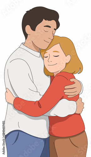 This illustration captures a heartfelt moment of two individuals embracing, conveying warmth, affection, and the deep human connection that nurtures joy and support.