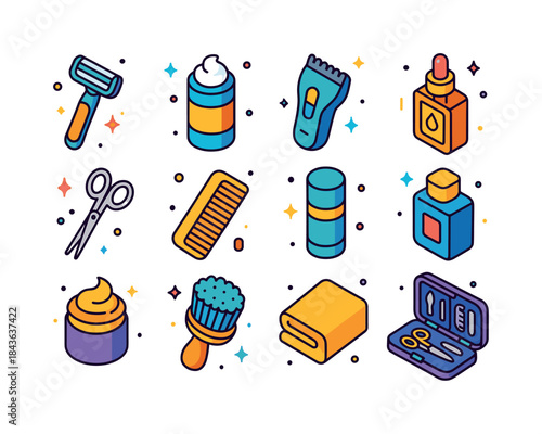 Grooming Essentials Icons. Grooming essentials. Colorful isometr