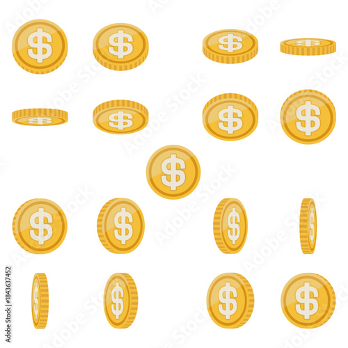 様々な角度から見た、＄マークのコインのイラスト