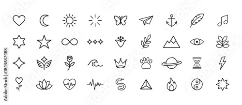 Minimal Micro Tattoo Line Icons Set of Symbols, Nature & Spiritual Signs silhouette