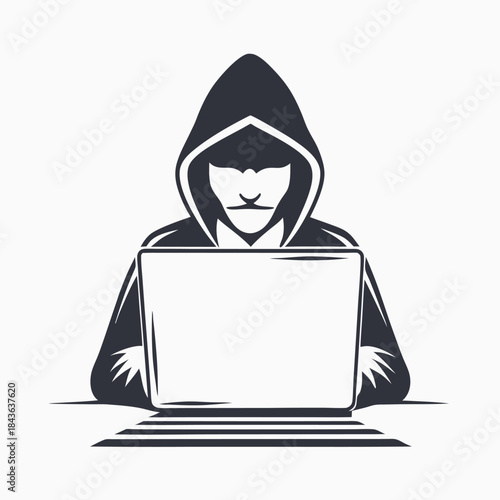Silhouette shows a hooded character working on a laptop on a table