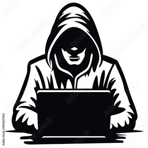 Silhouette shows hooded person using laptop keyboard in black against a white backdrop
