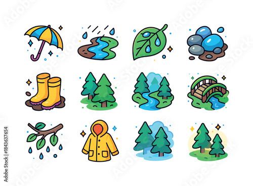 Rainy Forest Icons. Rainy forest walk. Colorful isometric vector