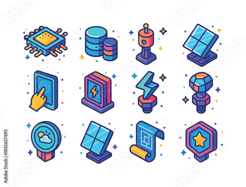 High-Tech Icon Grid. High-tech structures. Colorful isometric ve