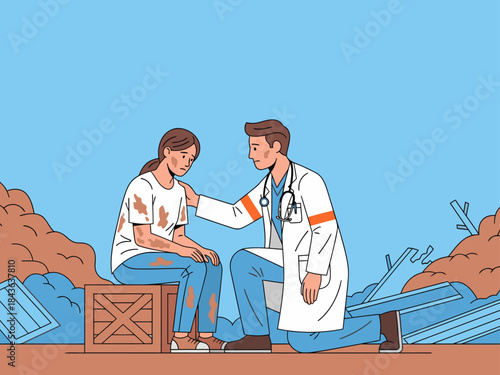 A doctor comforts a distressed woman amidst rubble, symbolizing humanity in crisis. A poignant scene of support and care against a devastated backdrop.  Strong visual impact.