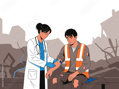 A doctor treats a wounded man amidst the aftermath of a disaster. The scene conveys resilience and hope, showcasing human compassion amidst devastation. Strong composition and emotional depth.