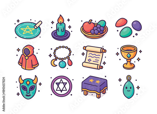 Colorful Magic Icons. Magic rituals. Colorful isometric vector i
