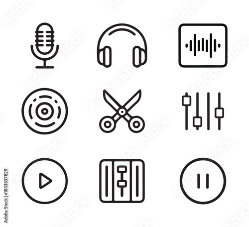 Podcast & audio editing line icons set of microphone, headphones, sound, controls silhouette