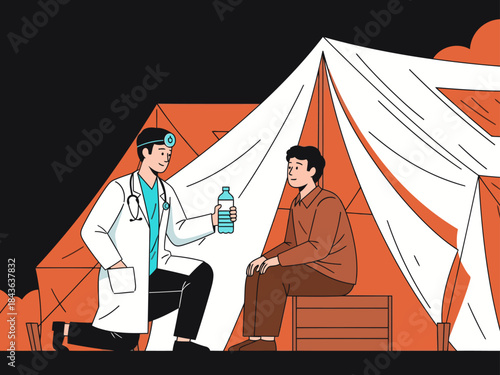 A doctor provides aid to a young man in a tent. The scene conveys urgency and care. Bold colors and a clear composition make this image ideal for health and humanitarian campaigns.