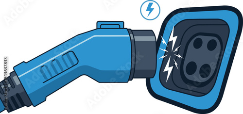 Electric vehicle fast charging. A vibrant, stylized plug connects to a charging station, conveying speed and power. Bold blue and electric bolt graphics highlight the fast charge concept.