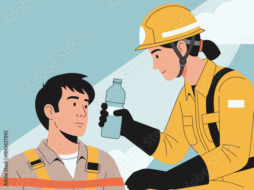 firefighter offers a bottle of water to a distressed man The image conveys relief and compassion utilizing a bright contrasting color palette