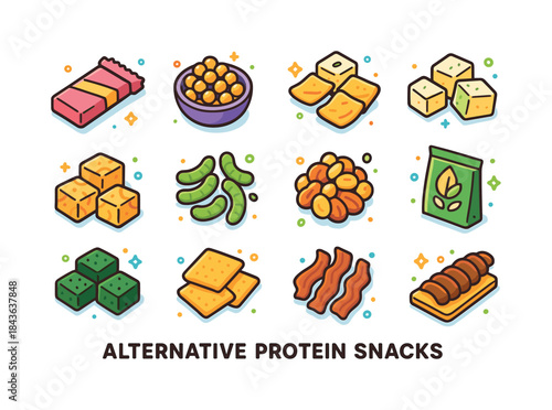 Colorful Protein Snack Icons. Alternative protein snacks. Colorf