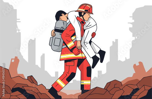 A firefighter carries a rescued individual through a devastated cityscape. Dramatic, heroic, and visually compelling. Suitable for rescue, emergency, and resilience themes.