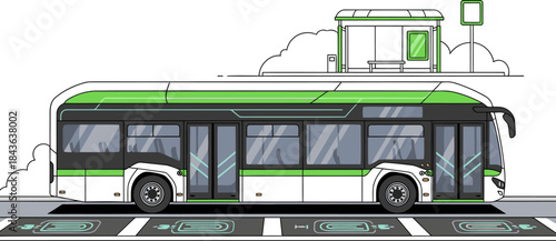 A modern electric bus charging at a smart transit station. Clean lines, vibrant green and white, showcasing sustainable transportation. Ideal for urban, technology, and eco-friendly concepts.